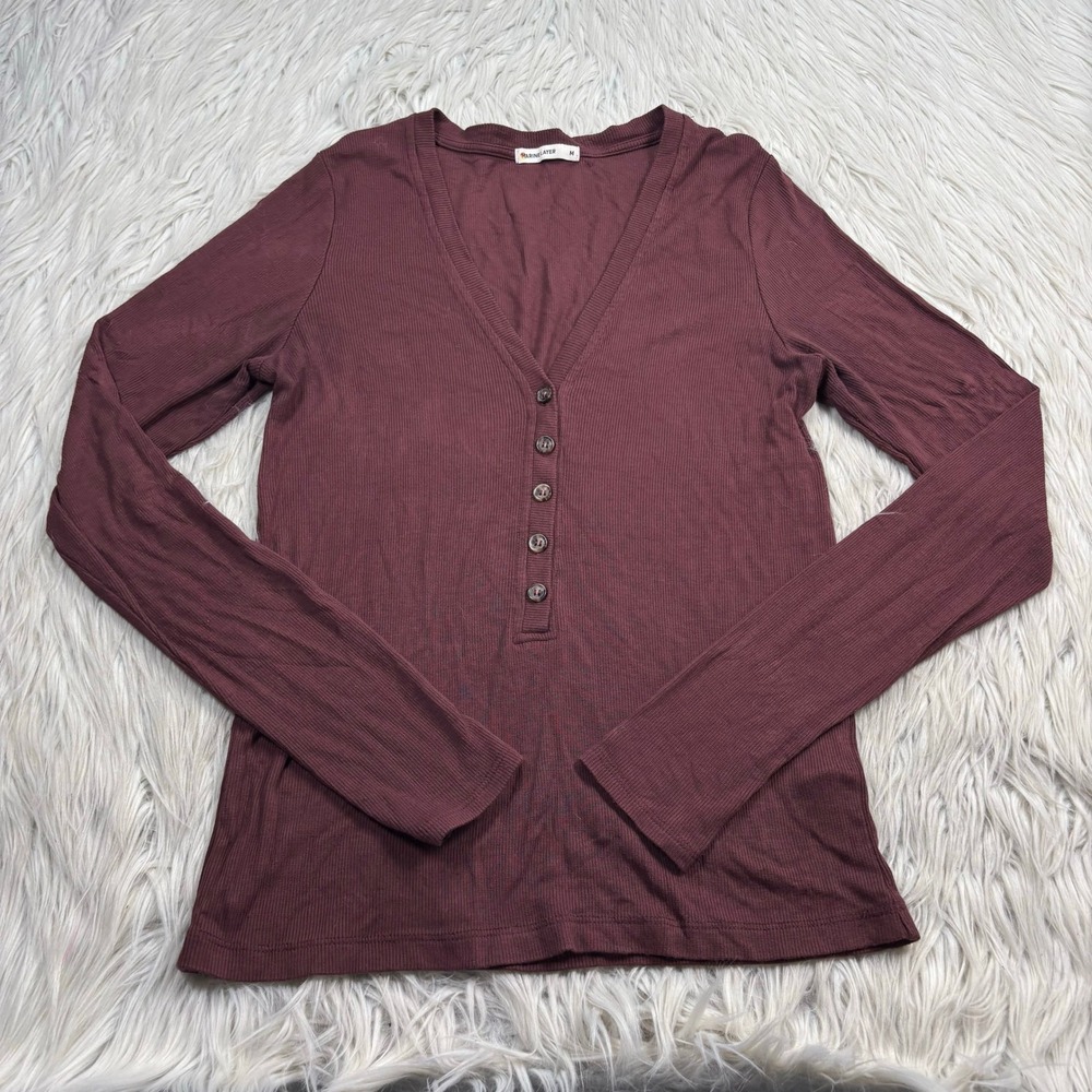 Marine Layer Women's M Brown Micro Ribbed V-Neck Henley Top Basic Fall Fitted